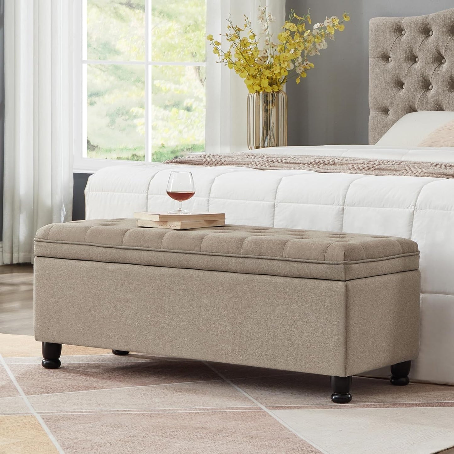 NicBex Storage Bench Modern Bed Bench with Linen Fabric Upholstered Tufted Button Bench with Wooden Legs End of Bed Bench with Soft Seat for Bedroom, Living Room, Linen