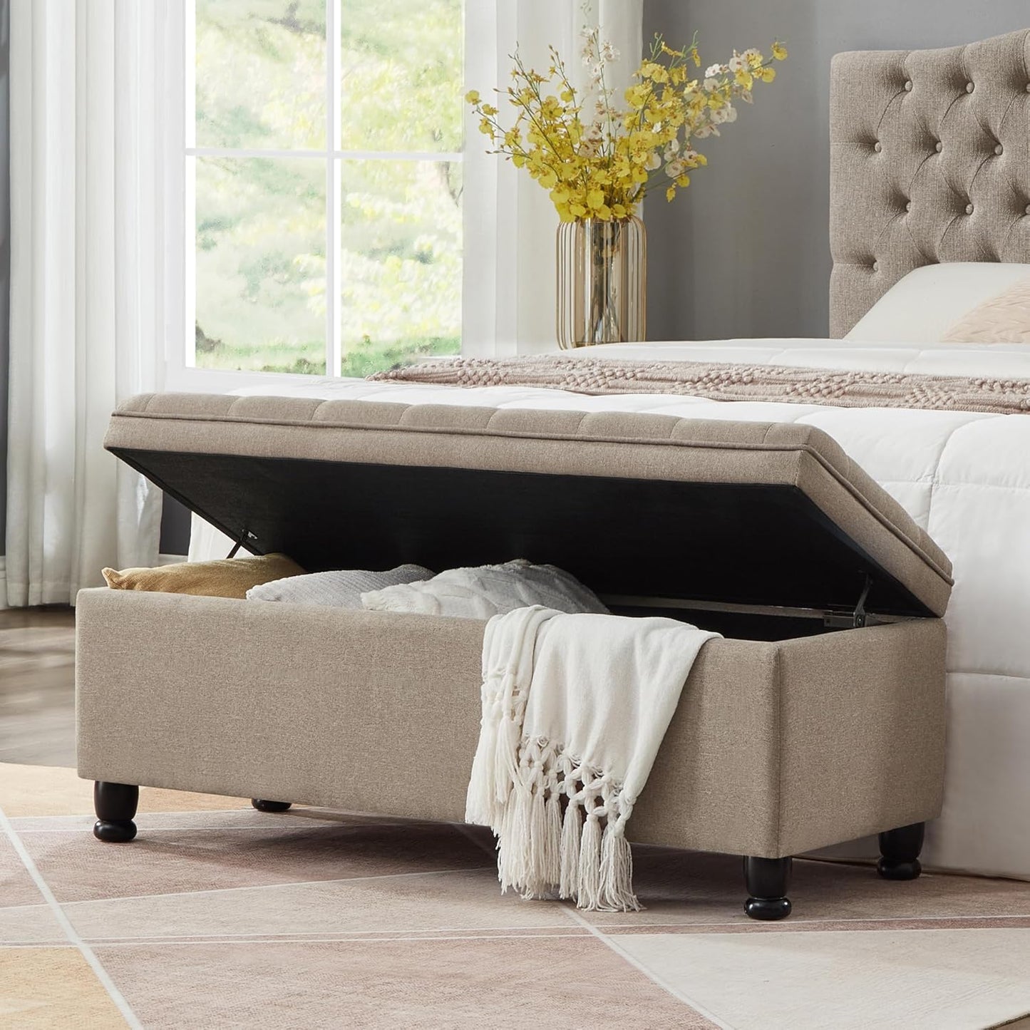 NicBex Storage Bench Modern Bed Bench with Linen Fabric Upholstered Tufted Button Bench with Wooden Legs End of Bed Bench with Soft Seat for Bedroom, Living Room, Linen