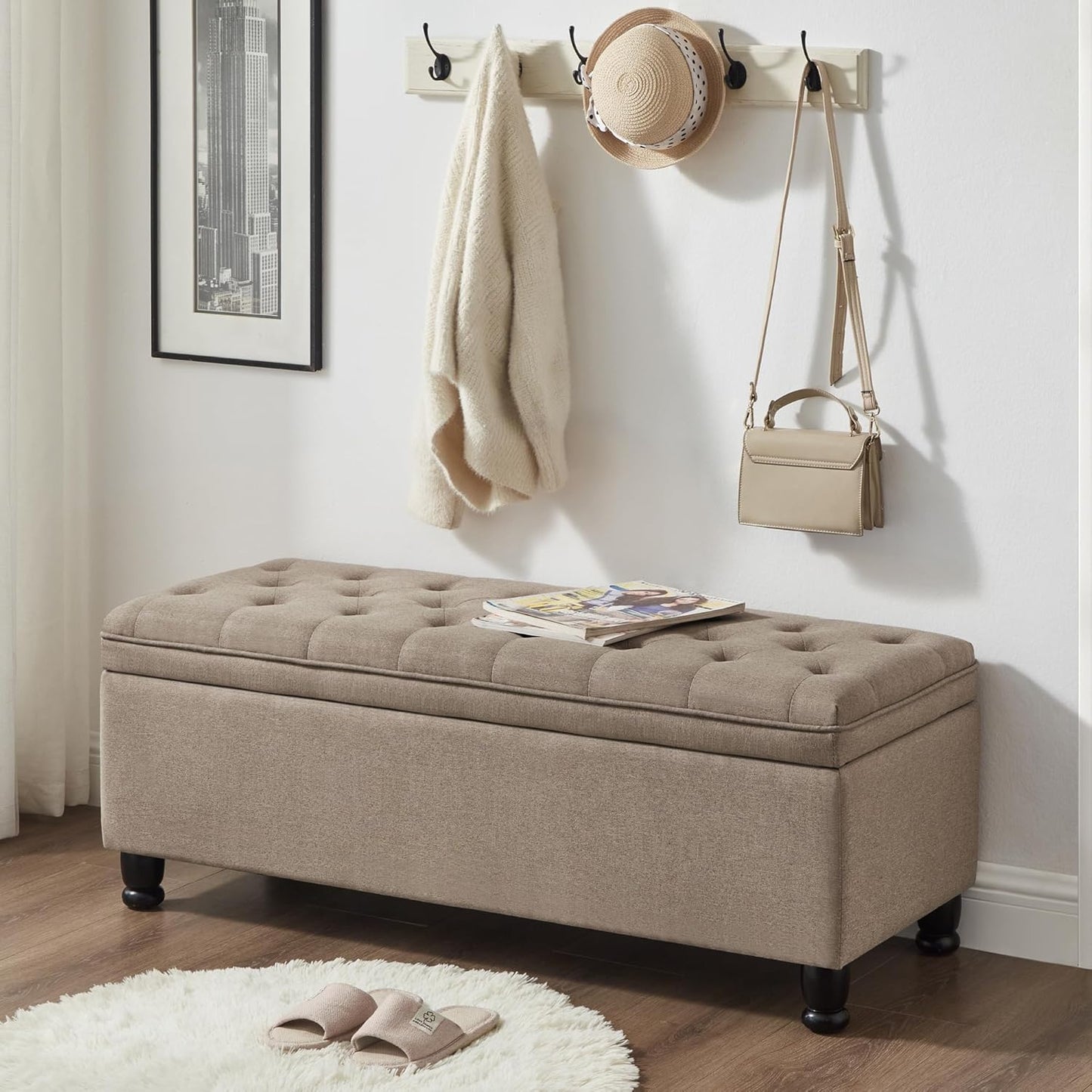 NicBex Storage Bench Modern Bed Bench with Linen Fabric Upholstered Tufted Button Bench with Wooden Legs End of Bed Bench with Soft Seat for Bedroom, Living Room, Linen