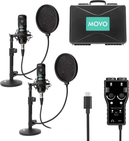 Movo Smartphone Podcast Recording Bundle Kit - 2 Pack Condenser Microphones, 2 Desktop Mic Stands, 2 Pop Filters, 2-Channel XLR Interface w/USB Type-C Output - Compatible with Android, Samsung Galaxy